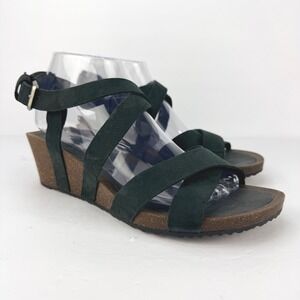 Teva Mahonia Womens Size 9 Wedge Cross Strap Black Leather Sandals Beach Camping